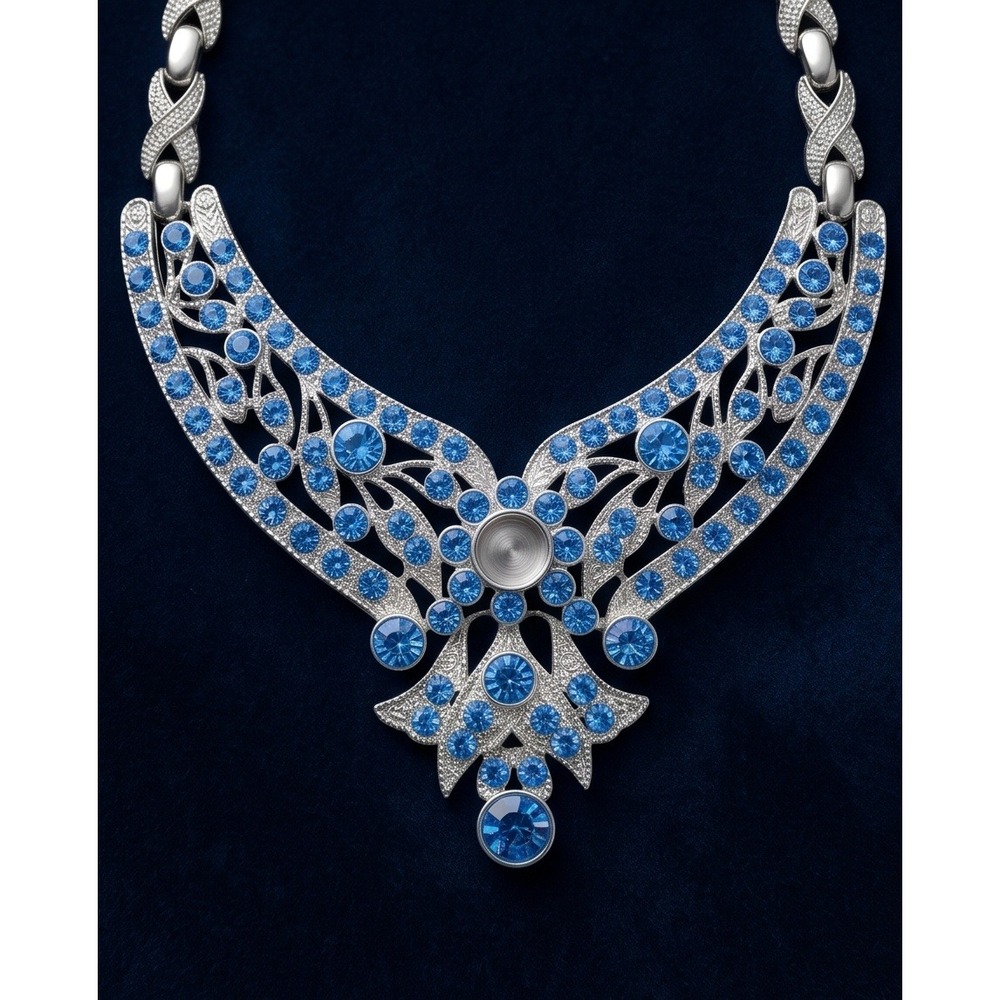 Vintage Art‎ Deco 80s 90s Blue Rhinestone Necklace Silvertone Statement *Defect